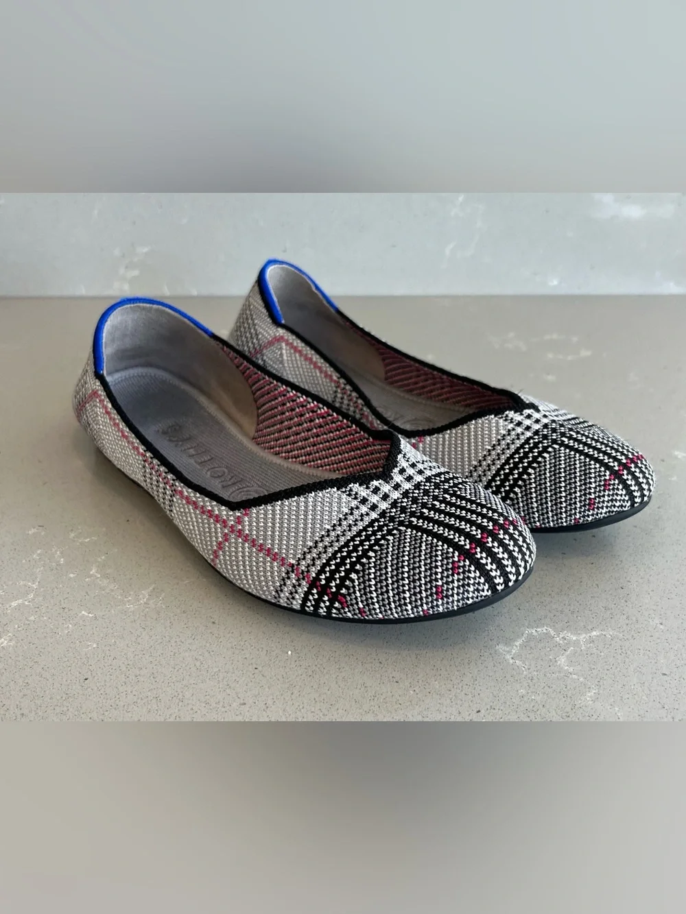 Rothy’s Grey Glen Plaid Pink Accent The Flat Shoes Flats Women Size 7.5 Retired